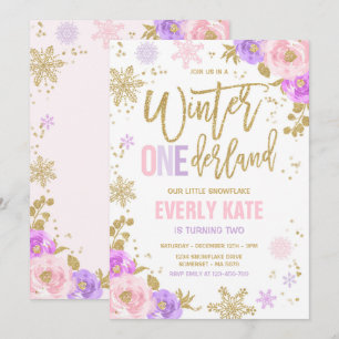 Convite Floco de neve rosa Dourado de Birthday Birthday