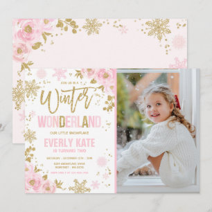 Convite Floco de neve rosa Dourado de Birthday Wonderland 