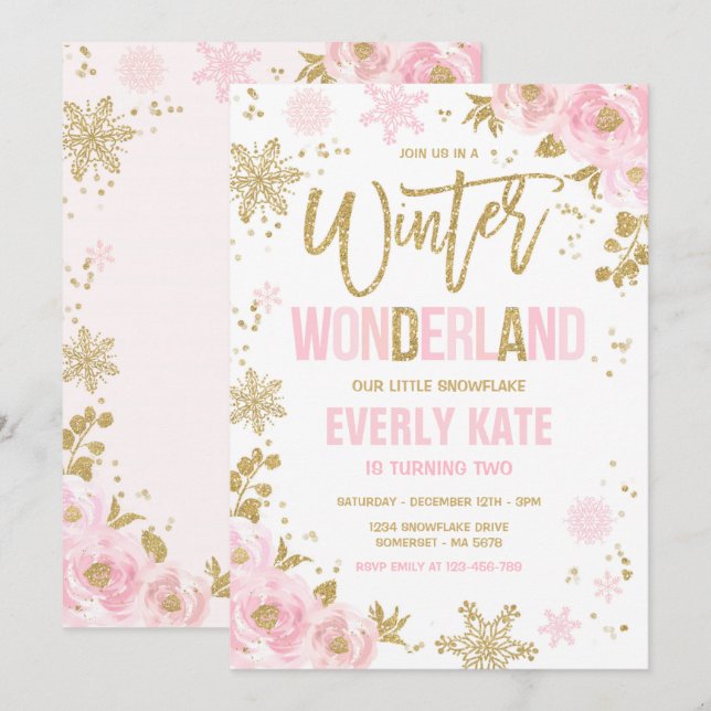 Convite Floco de neve rosa Dourado de Birthday Wonderland  (Frente/Verso)