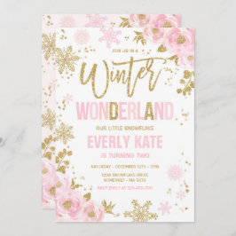Convite Floco de neve rosa Dourado de Birthday Wonderland 