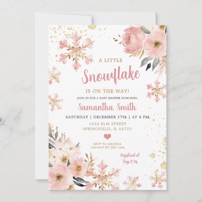 Convite Floco de neve rosa no caminho do Chá de Natal (Frente)