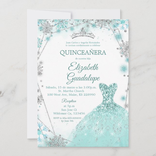 Convite Floco de neve verde Teal Silver Winter Quinceanera (Frente)
