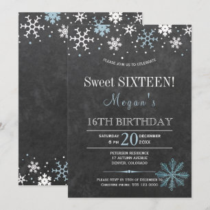 Convite Flocos de neve azuis brancos chiques sweet sixteen