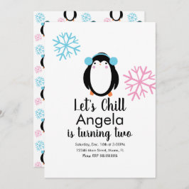Convite Flocos de neve azuis, cor-de-rosa-pinguim, de cor