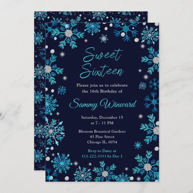 Convite Flocos de neve azuis e prateados Doce Dezesseis (Frente/Verso)