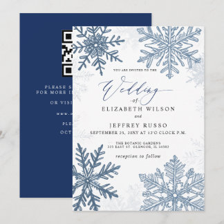 Convite Flocos de neve azuis elegantes Código QR Casamento