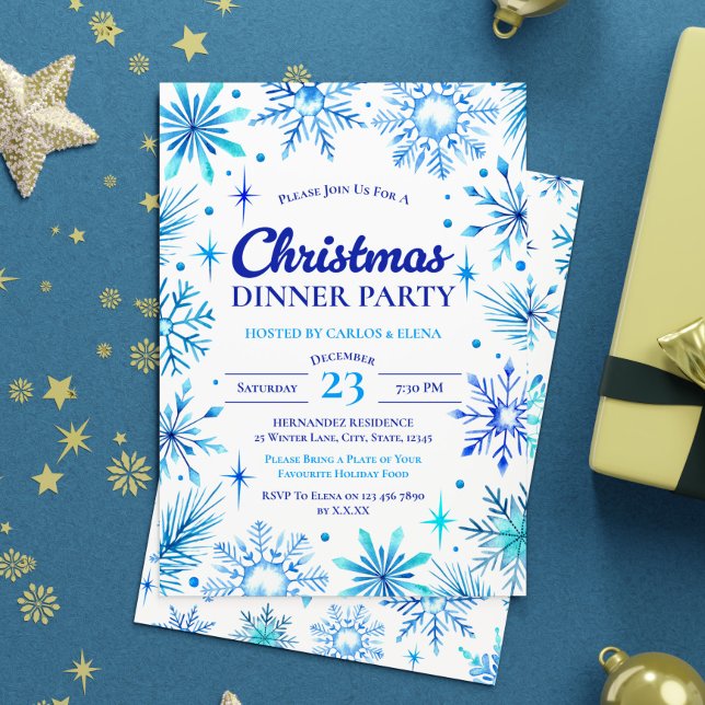 Convite Flocos de neve azuis Flocos de natal Festa de Jant (Blue Snowflakes Christmas Dinner Party Watercolor Invitation)