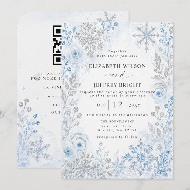 Convite Flocos de Neve Azuis Prateados Casamento Código QR (Frente/Verso)