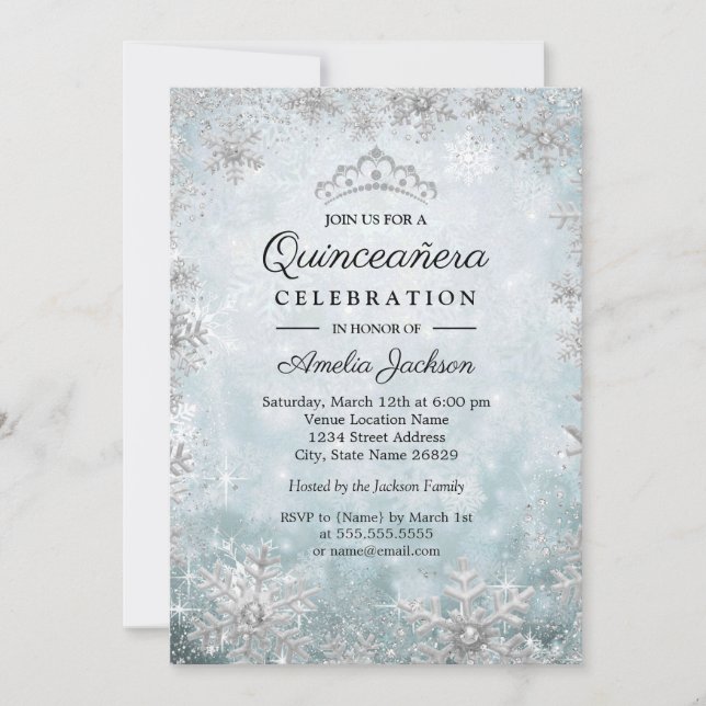 Convite Flocos de neve azuis Quinceanera Winter Wonderland (Frente)