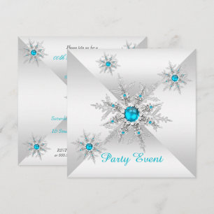 Convite Flocos de Neve Azul Turquesa Festa de Inverno Enca