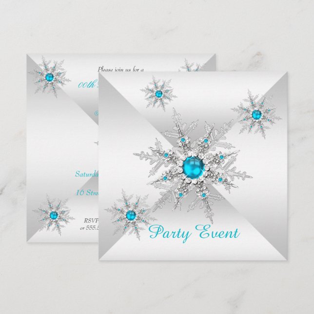 Convite Flocos de Neve Azul Turquesa Festa de Inverno Enca (Frente/Verso)
