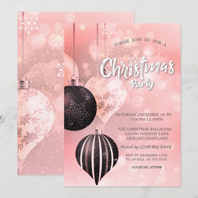 Convite Flocos de Neve,Bolas Vermelhas Companhia de Natal (Frente/Verso)