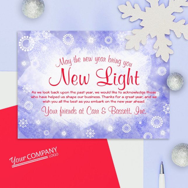 Convite Flocos de neve brancos, azuis claros, Feriado de c (blue ice snowflakes, red script writing, red logo company holiday cards, blue Christmas greetings)