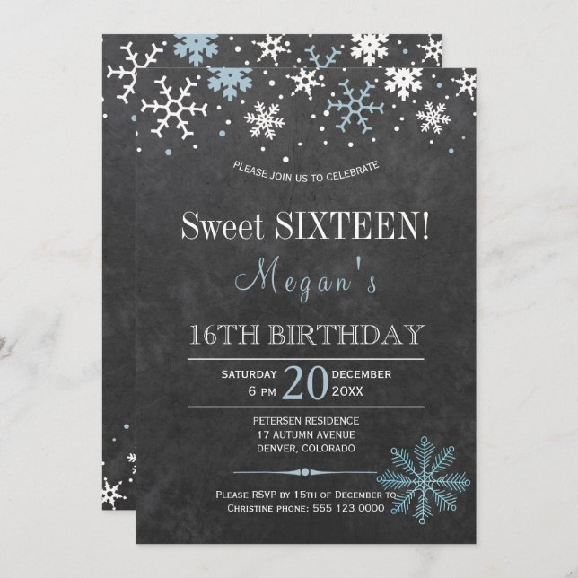 Convite Flocos de neve brancos azuis flocos quicos inverno (Frente/Verso)