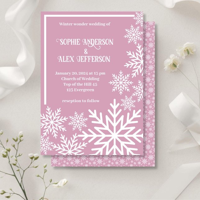 Convite Flocos de neve brancos casamentos no inverno cor-d (Winter wedding white snowflakes pink invitation)