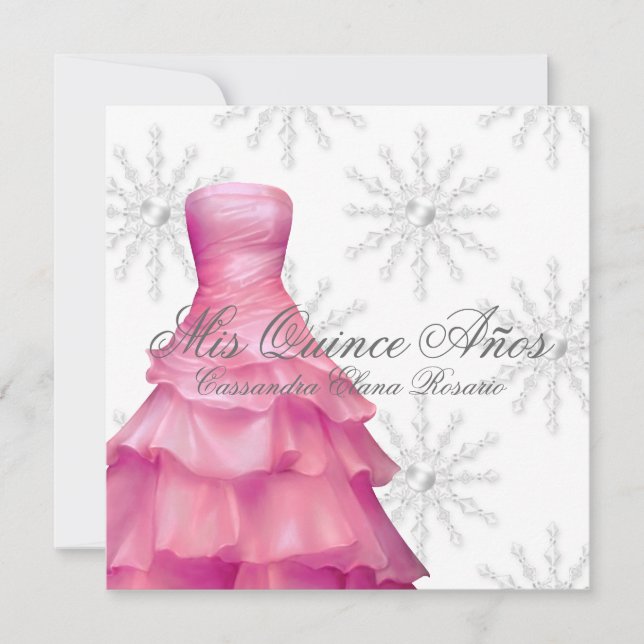 Convite Flocos de Neve Brancos Rosa Quinceanera (Frente)