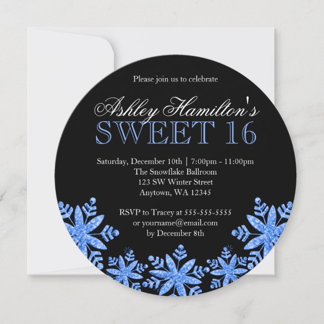 Convite Flocos de neve brilhantes Blue Sweet 16 Winter Won (Frente)