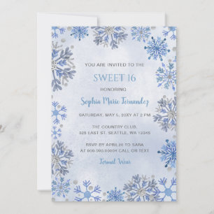 Convite Flocos de Neve Brilho Prata Azul Inverno Doce 16