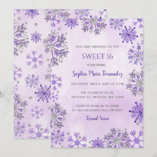 Convite Flocos de Neve Brilho Prata Roxo Inverno Sweet 16