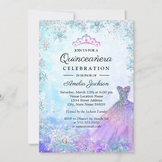 Convite Flocos de Neve com Brilho Azul Roxo Quinceanera de (Frente)