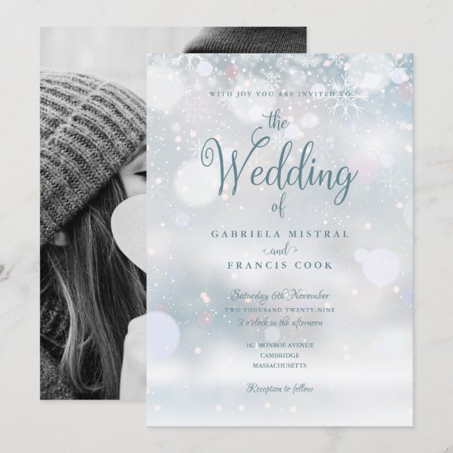 Convite Flocos de Neve de Inverno Script Elegante Foto Cas (Frente/Verso)