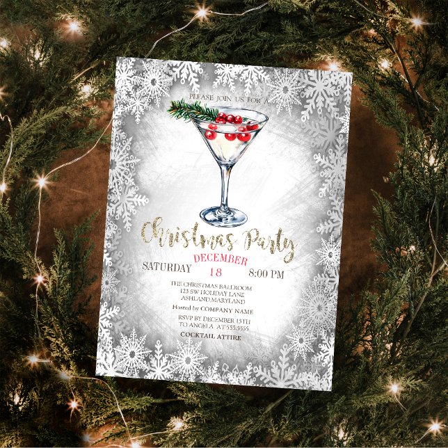 Convite Flocos de Neve de Martini de Natal Cinza (Criador carregado)