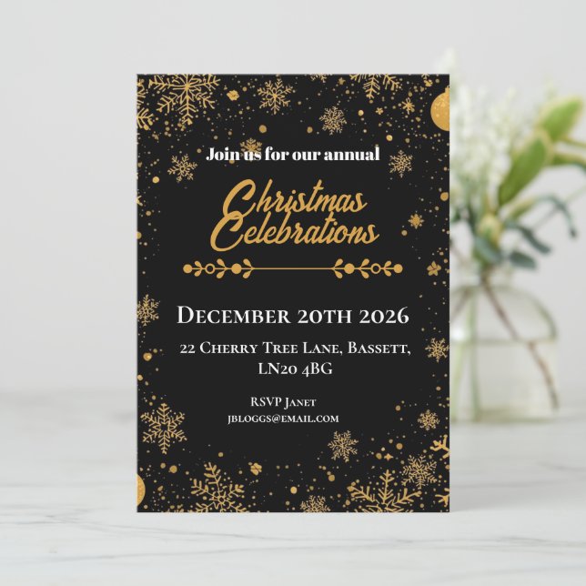 Convite Flocos de Neve de Natal Dourados e Pretos (Em pé/Frente)