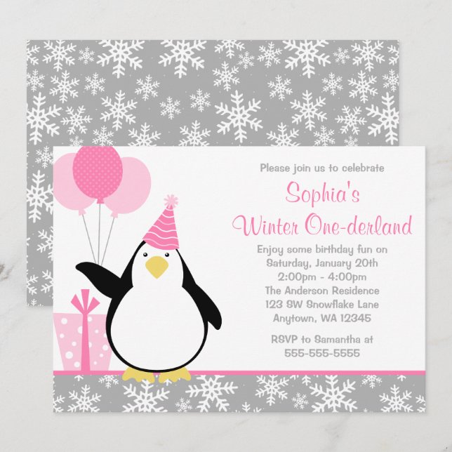 Convite Flocos de Neve de Pinguim Aniversário de Onederlan (Frente/Verso)