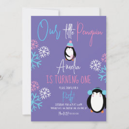 Convite Flocos de Neve de Pinguim Rosa Azul 1º Aniversário