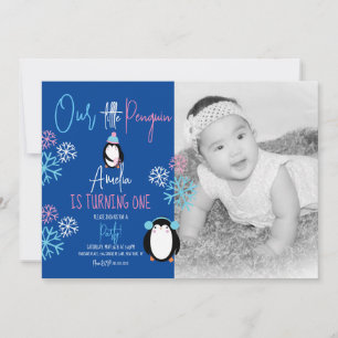 Convite Flocos de Neve de Pinguim Rosa Azul Aniversário de