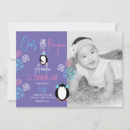 Convite Flocos de Neve de Pinguim Rosa Azul Aniversário de