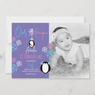 Convite Flocos de Neve de Pinguim Rosa Azul Aniversário de