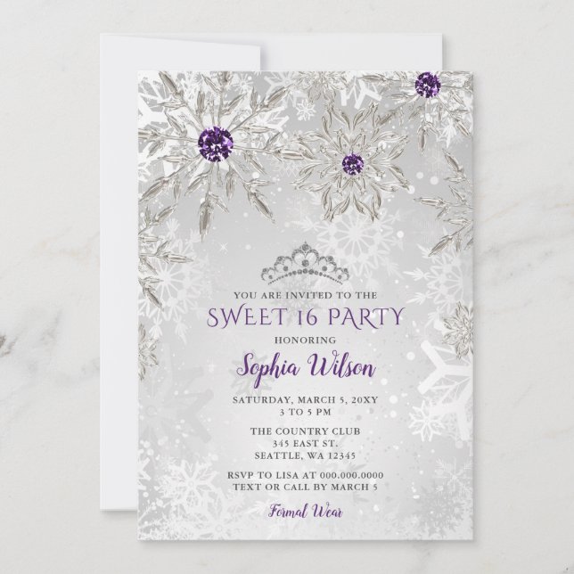 Convite Flocos de neve de prata roxa Tiara Sweet 16 (Frente)