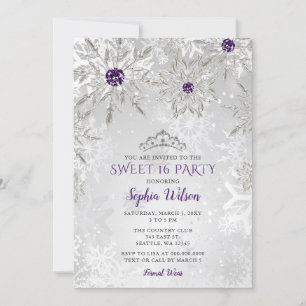 Convite Flocos de neve de prata roxa Tiara Sweet 16