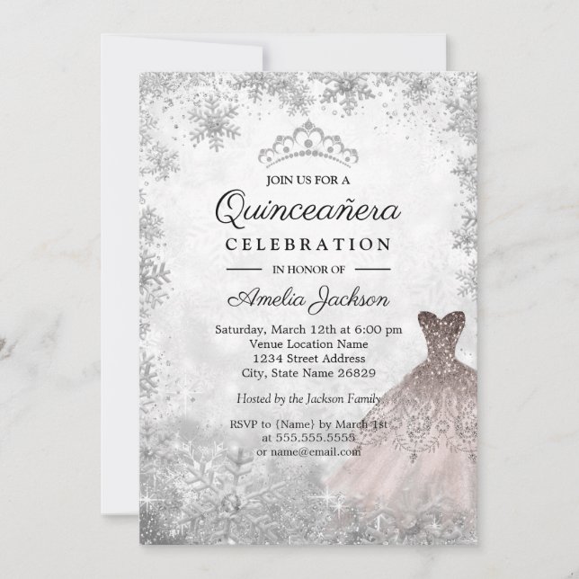 Convite Flocos de Neve de Rosa Dourado Quinceanera de Inve (Frente)