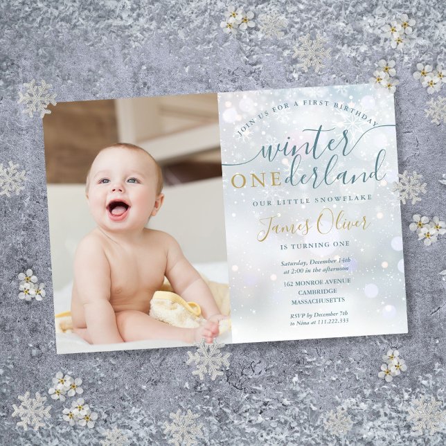 Convite Flocos de neve do primeiro aniversario Winter ONEd (Winter ONEderland 1st Birthday Photo Snowflakes Invitation)
