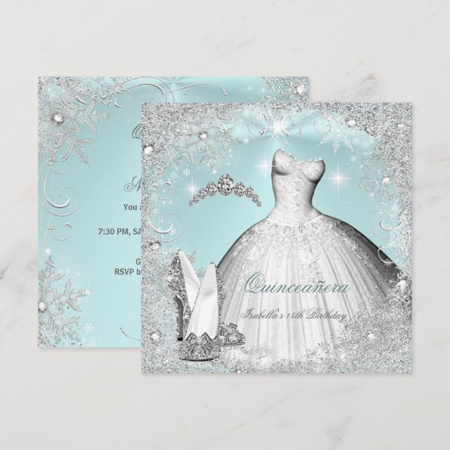 Convite Flocos de neve do Quinceanera Mint Blue Silver (Frente/Verso)