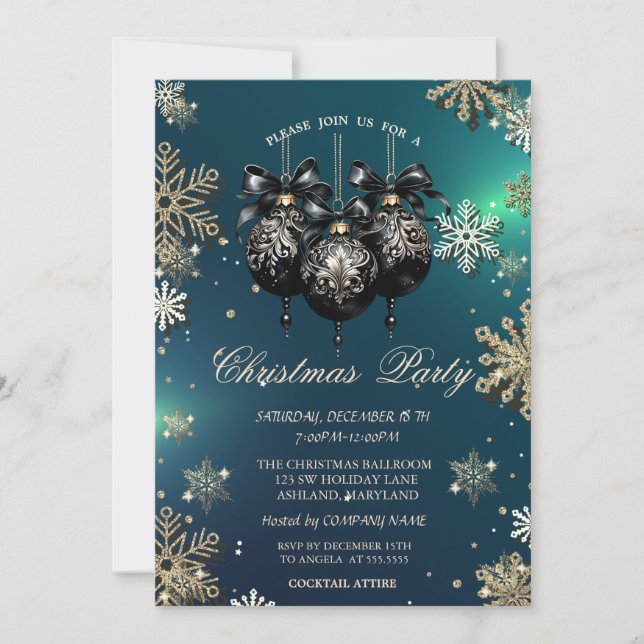 Convite Flocos de Neve Dourados, Bolas de Natal, Empresa V (Frente)