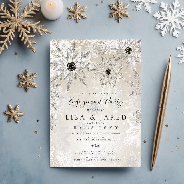 Convite Flocos de neve Dourados de prata Festa de noivado  (Silver Gold Snowflakes Winter Engagement Party Invitation)
