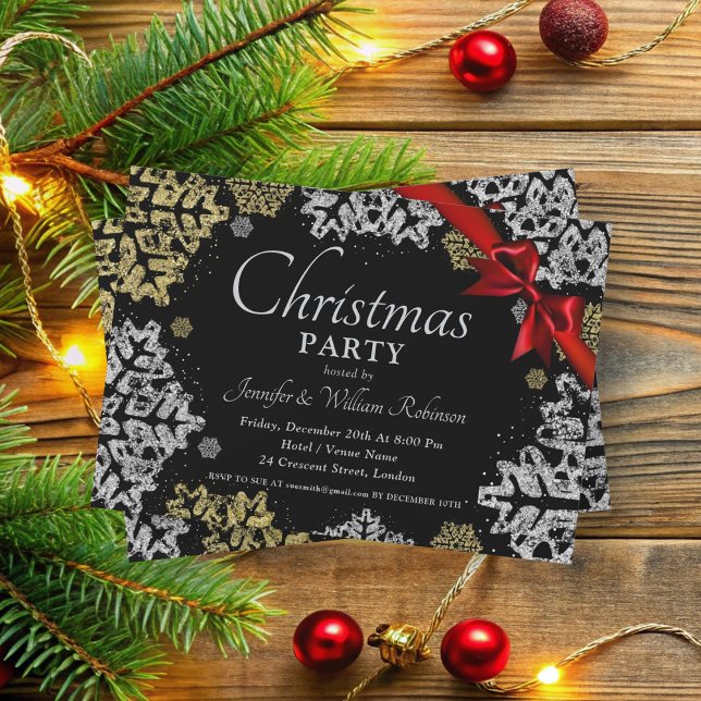 Convite Flocos de neve Dourados e prateados simples Flocos (Simple Gold & Silver Snowflakes Xmas Holiday Black Invitation)
