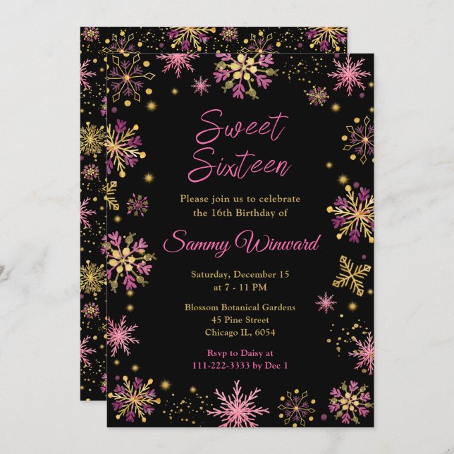 Convite Flocos de neve Dourados e rosados Doce Dezesseis (Frente/Verso)