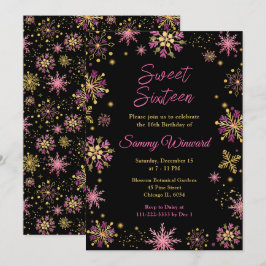 Convite Flocos de neve Dourados e rosados Doce Dezesseis