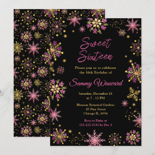 Convite Flocos de Neve Dourados e Rosados Sweet Sixteen