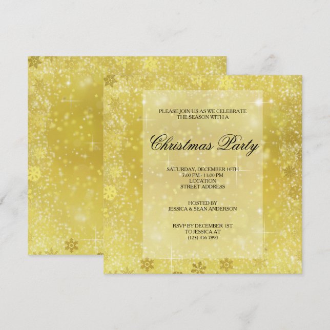 Convite Flocos de Neve Dourados Elegantes & Brilhos Natal (Frente/Verso)