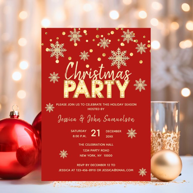 Convite Flocos de neve Dourados Flocos de neve Frio Vermel (Modern Snowflakes Gold Red CHRISTMAS PARTY Invitation)