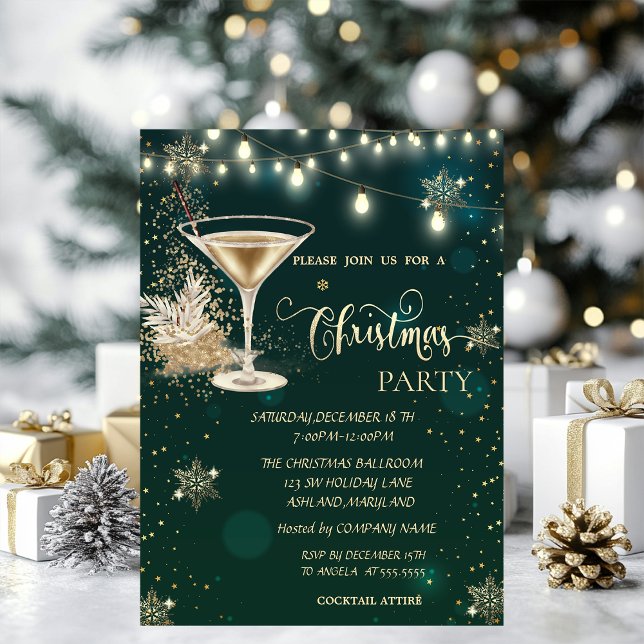 Convite Flocos de neve Dourados,Vidro,Luzes de Natal Verde (Criador carregado)