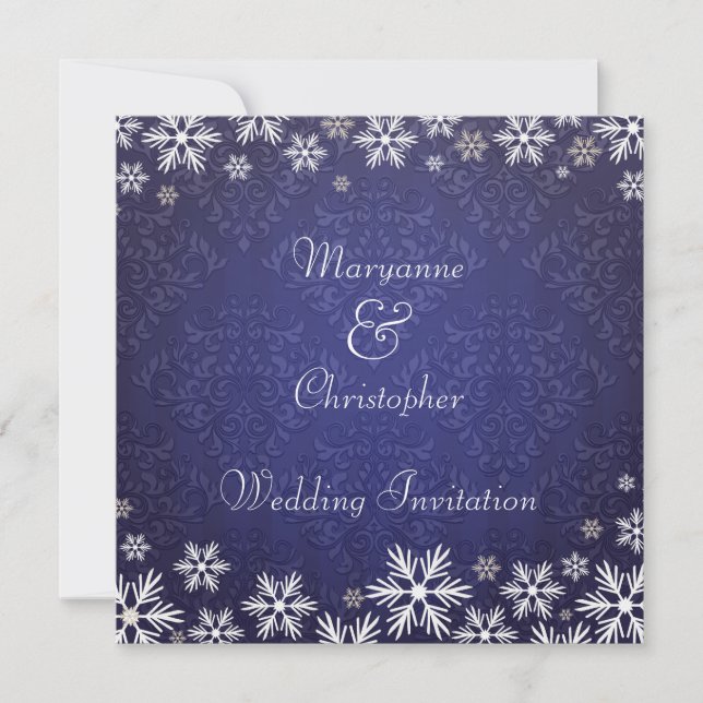 Convite Flocos de neve e Casamento tema damasco azul (Frente)
