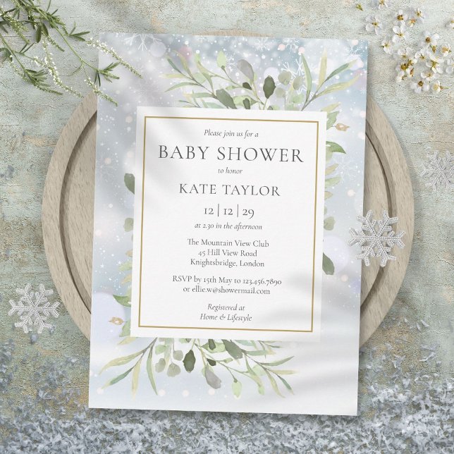 Convite Flocos de Neve Elegantes de Inverno Churrasco de B (Elegant Winter Snowflakes Greenery Baby Shower Invitation)