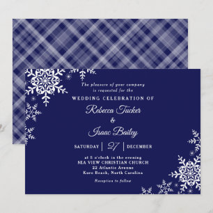 Convite Flocos de Neve Elegantes Xadrez Casamento Azul Mar
