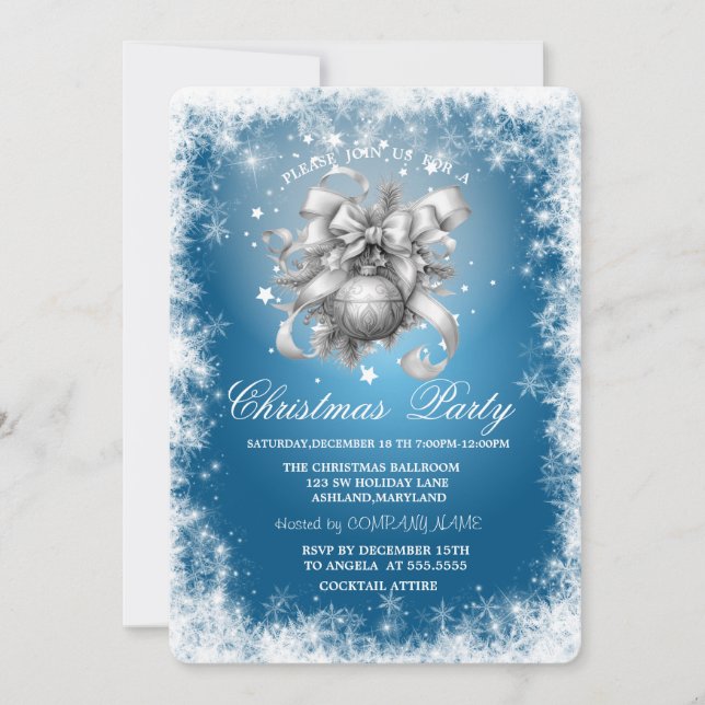 Convite Flocos de neve,Estrelas,Bolas de Natal Azul Natal  (Frente)